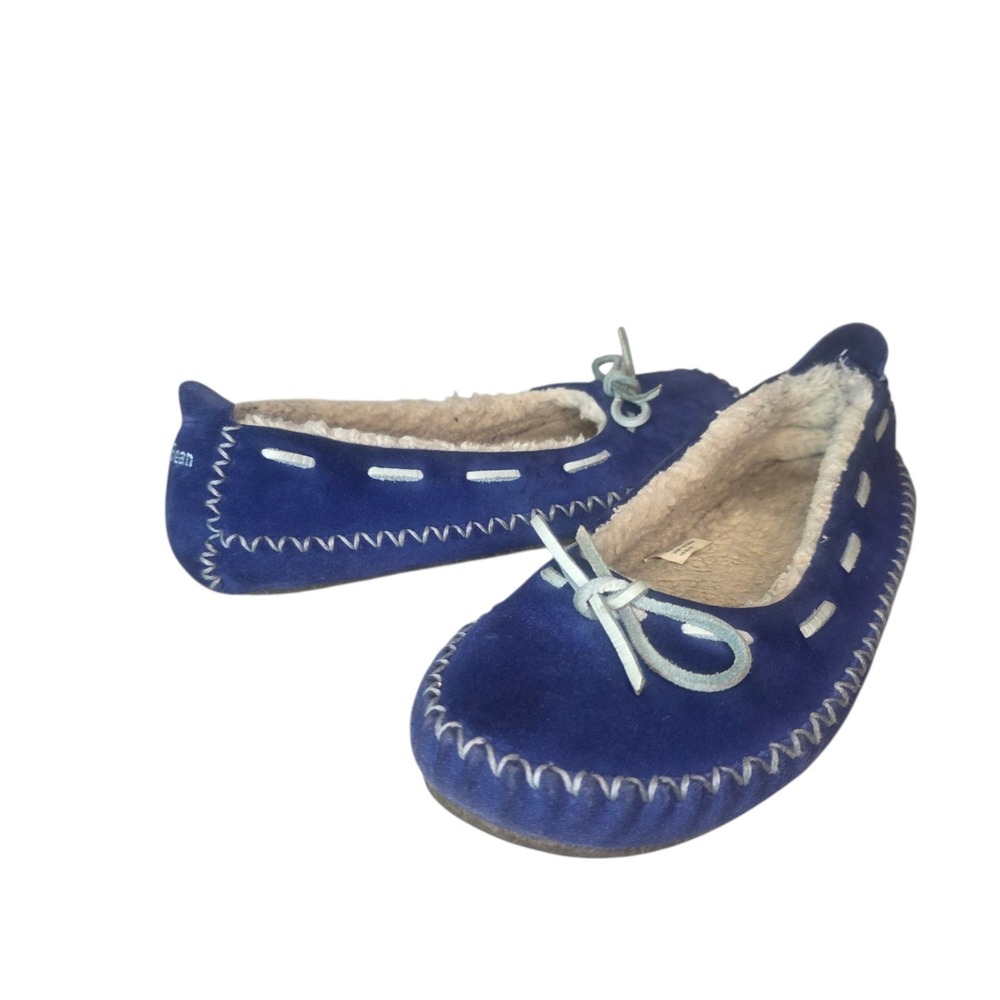 L.L.Bean Hearthside Womens 9M Blue Suede Shearling Moccasin Slippers